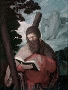 Der heilige Andreas in Halbfigur, vor Landschaft, Lucas van Leyden